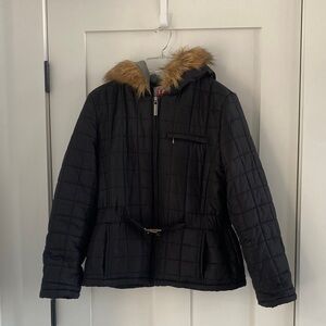 Izod Black Puffer Jacket with Faux Fur Hood